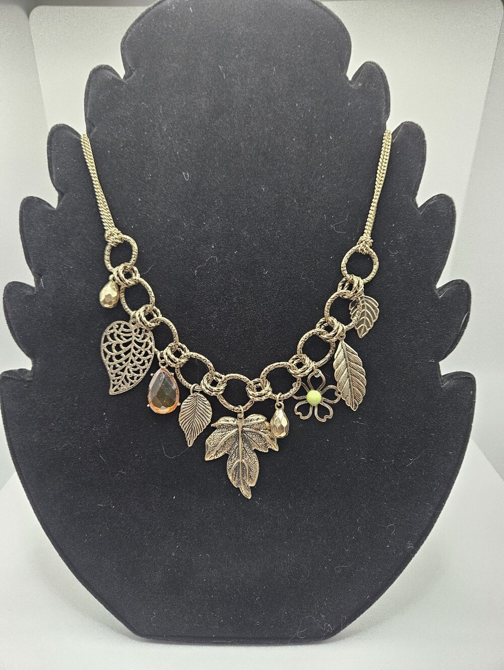 Gold-Tone Leaf Charm Necklace with Amber Accent
